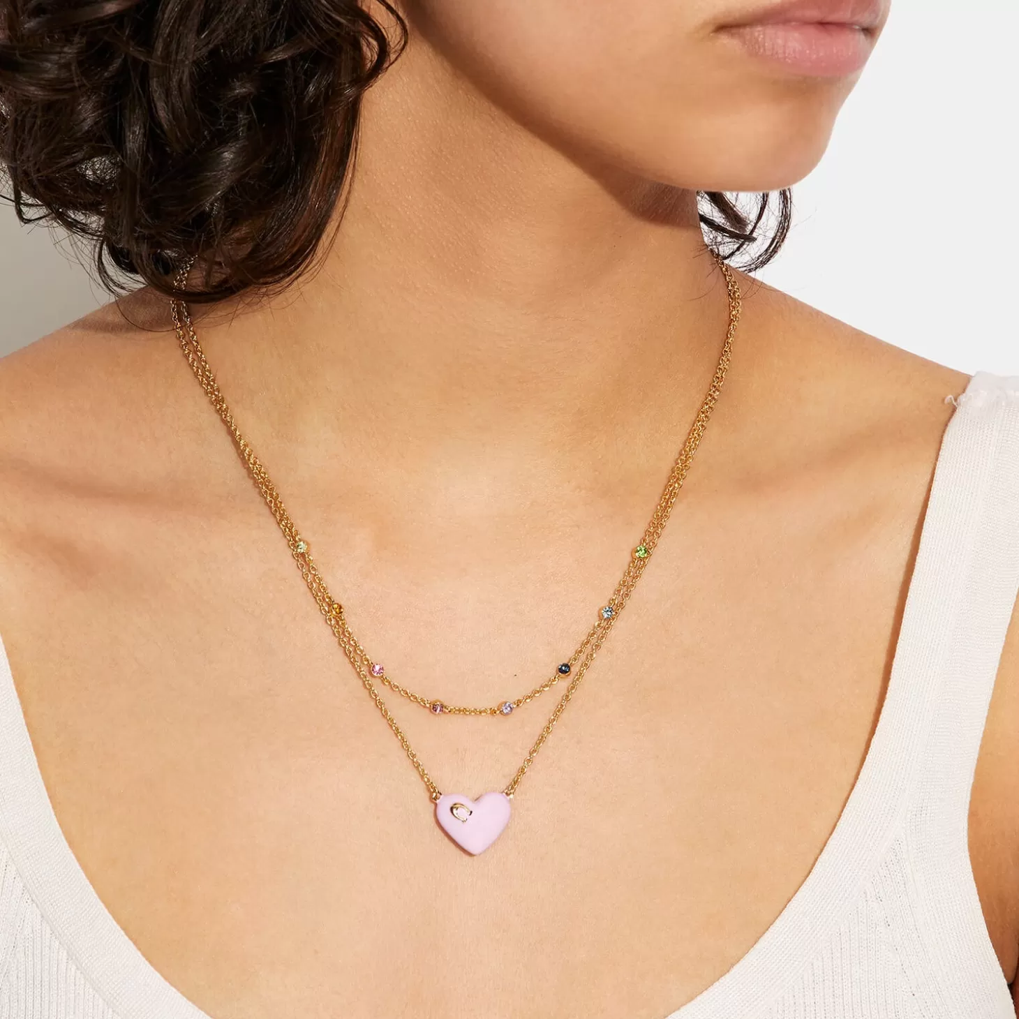 Women's Enamel C Heart Double Chain Necklace - Gold/Pink Multi*Coach Shop