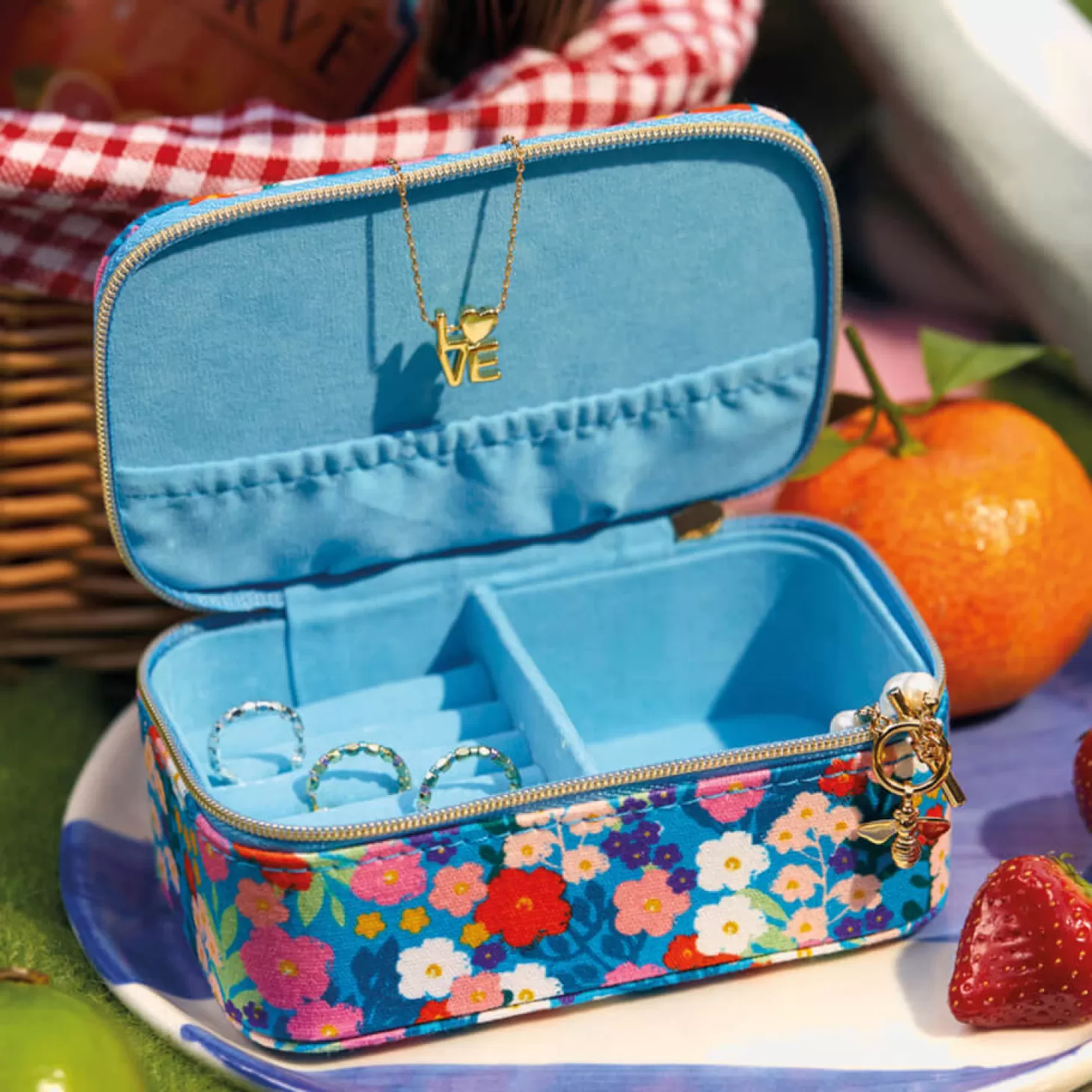 Bright Blue Floral Print Cotton Jewellery Box*Estella Bartlett Clearance