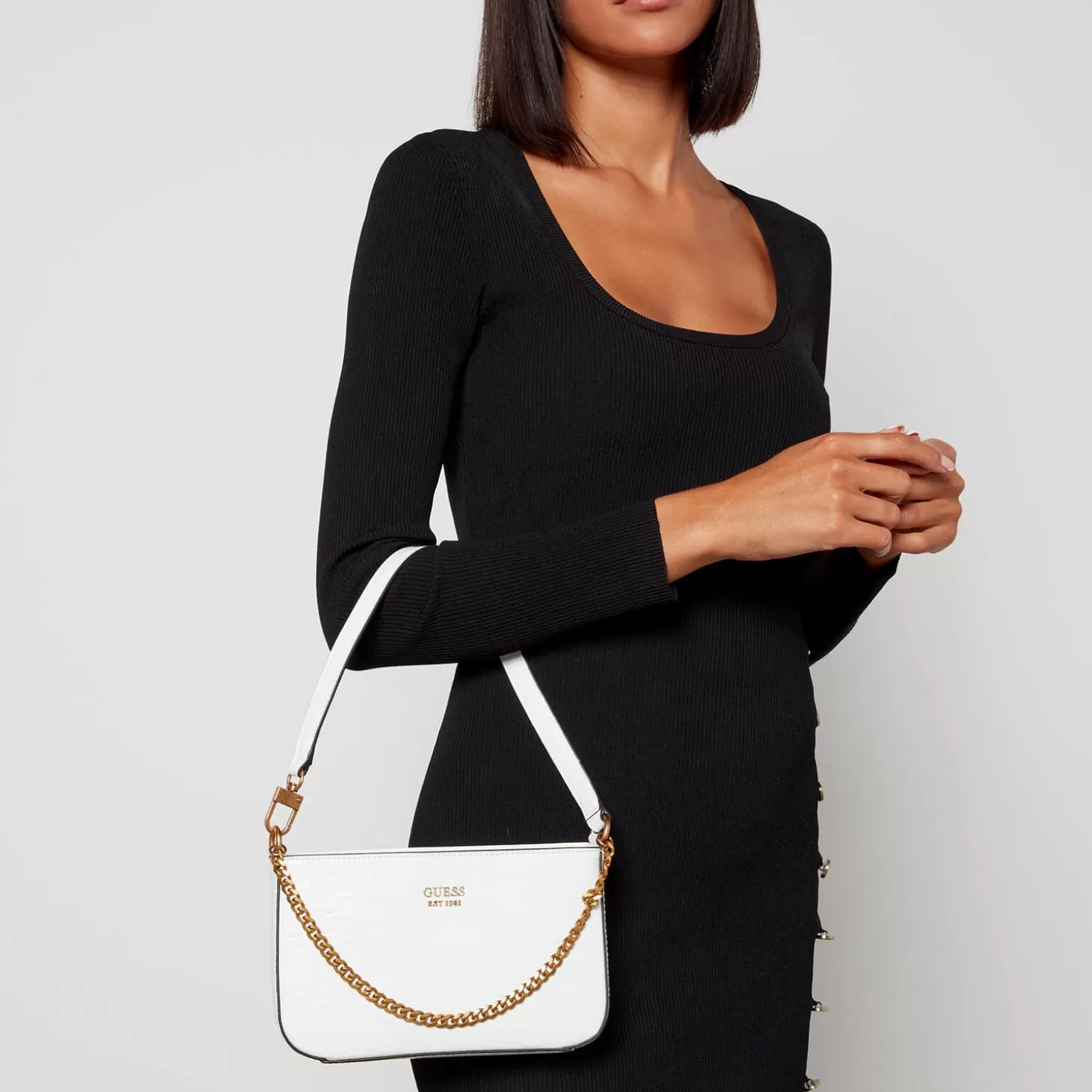 Women's Katey Croc Mini Top Zip Shoulder Bag - White*Guess Fashion